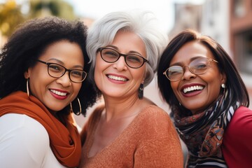 Multiracial senior women having fun together outdoor at city street- three happy mature trendy female friends hugging and laughing on urban place- Friendship lifestyle concept. - Powered by Adobe