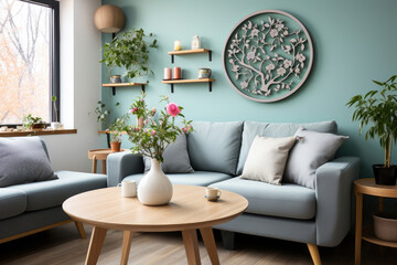 Modern living room interior featuring a cozy teal sofa, wooden furniture, and decorative plants. The natural light from the window highlights the serene ambiance and stylish decor elements.