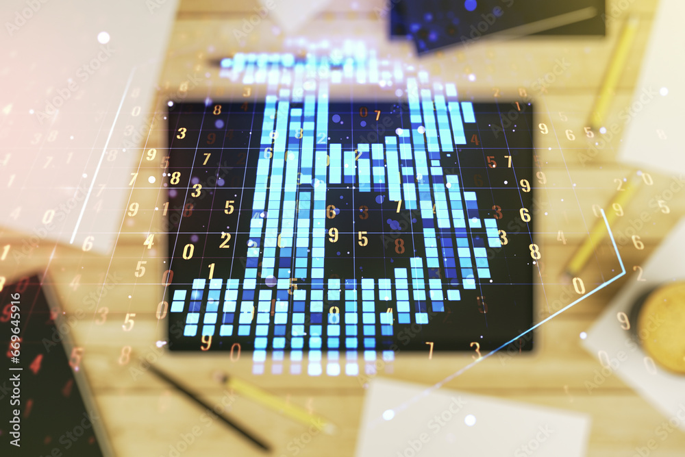 Poster Creative Bitcoin concept and modern digital tablet on desktop on background, top view. Double exposure