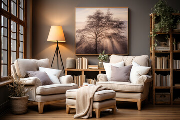 Elegant and cozy living room interior with a modern sofa, soft lighting, and decorative elements, featuring a framed wall art and wooden bookshelf.