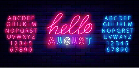 Hello August neon label. Season summer greeting card. Shiny turquoise and pink alphabet. Vector stock illustration
