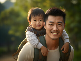 asiatischer Vater trägt sein Kind auf dem Rücken, Vater-Kind-Beziehung - obrazy, fototapety, plakaty