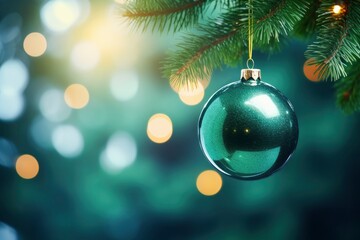 Obraz premium Green Ornament Hanging From Christmas Tree Created With Generative AI Technology