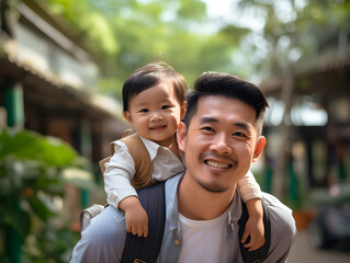 asiatischer Vater trägt sein Kind auf dem Rücken - obrazy, fototapety, plakaty