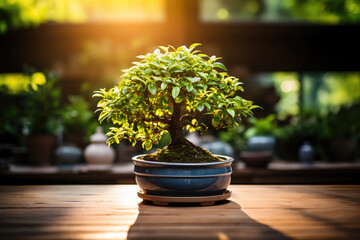 Bonsai tree bathed in soft morning sunlight on a wooden table, symbolizing peace and nature's beauty.
