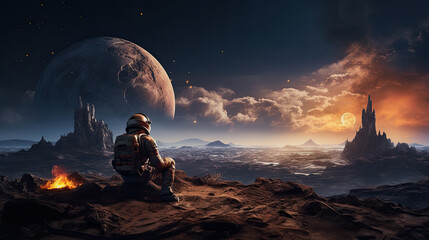 illustration of an astronaut sitting by a fireplace and looking over strange planetary landscape