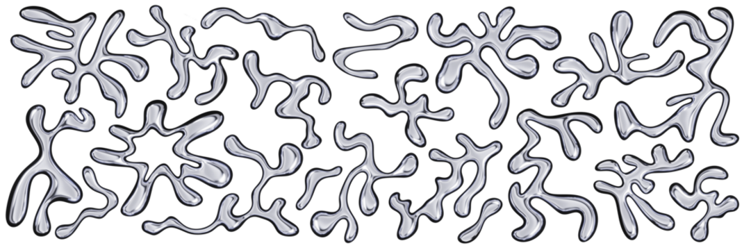 3d chrome metal organic fluid shapes. Abstract liquid mercury metallic icon. 3d rendering aluminum gradient shape design element isolated on white background. Brutalist futuristic style