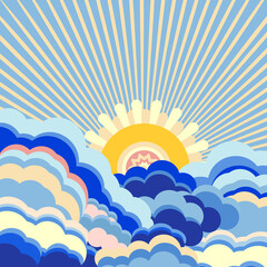 Fototapeta na wymiar A vector illustration of 90s groovy posters in a cartoon psychedelic style.Boho and hippie design,featuring vibrant retro elements and trippy landscapes. Clouds, sea ,sun rays and psychedelic waves.