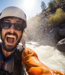 Hispanic Male Rafting Waterfall Backdrop Generative AI