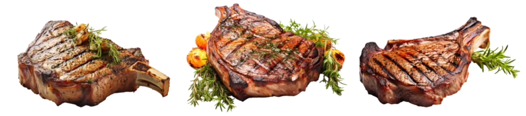 Foto op Canvas three delicious t-bone steaks with rosemary, bbq, grilling, isolated © Teppi