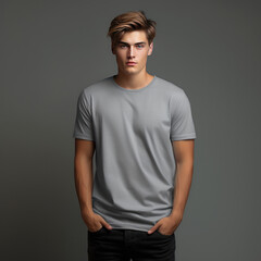 Young man wearing blank gray t-shirt with a dark background mockup. Model t-shirt mockup. T-shirt template