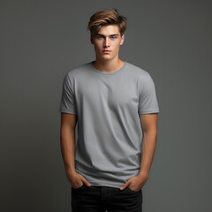Obraz premium Young man wearing blank gray t-shirt with a dark background mockup. Model t-shirt mockup. T-shirt template