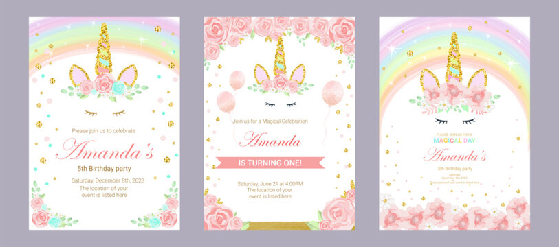 set of invitation cards for the girl's first birthday party with unicorn. Template for baby shower invitation. one year	