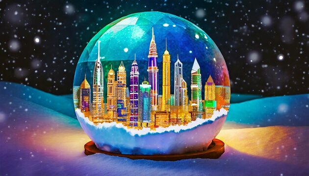 Illustration of a colorful holiday snow globe with a cityscape inside of it.  Inside the snow globe are famous landmarks of a mega city in Asia. 