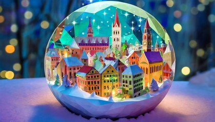 Illustration of a colorful holiday snow globe with a cityscape inside of it.  Inside the snow globe are famous landmarks of Munich, Germany. 