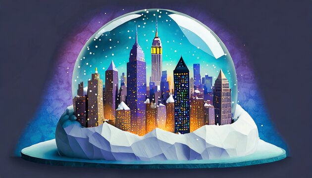 Illustration of a colorful holiday snow globe with a cityscape inside of it.  Inside the snow globe are famous landmarks of New York City. 