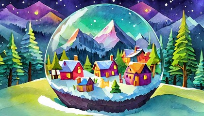 Illustration of a colorful holiday snow globe with a cityscape inside of it. Inside the snow globe is a cosy mountain village. 