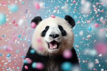Fond abstrait de couleur pastel avec un joli panda, mini confettis. Idéal comme papier peint enfantin. IA générative, IA