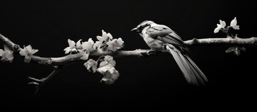 Upside down black white bird on a tree branch Aegithalos Caudatus