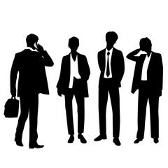 Vector silhouettes of  men and a women, a group of standing   business people, talking with smart phone, profile, black  color isolated on white background
