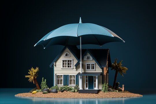 Image of house model sheltered under blue umbrella. Generative AI