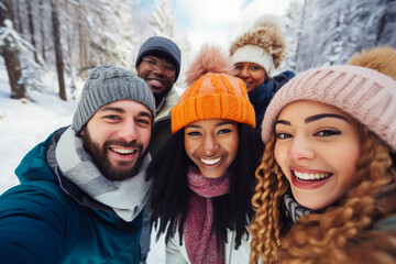 Multiethnic friends having fun taking and selfie together outdoors in winter In forest - obrazy, fototapety, plakaty
