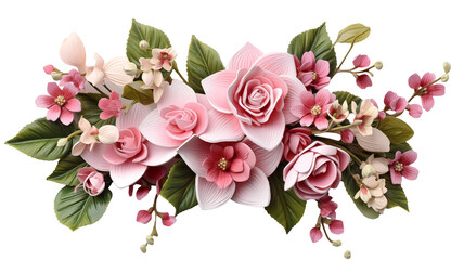 Beautiful pink bouquet of orchid and rose flowers with fresh tropical leaves isolated on transparent background. Perfect for wedding invitations, and decoration. Generative AI