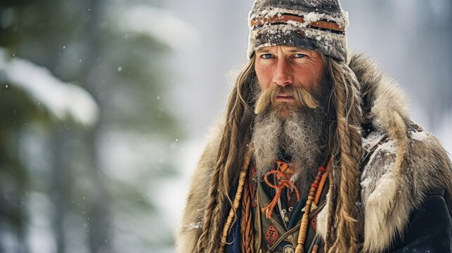 Portrait of a man in traditional Sami clothing  Finnish clothes