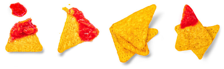 Corn chips nachos and salsa sauce isolated on white background, top view. Flat lay. Creative layout.
