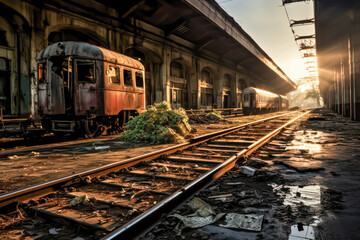 dilapidated abandoned train station.
