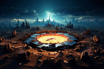 Surreal landscape with a luminous hour dial among the ruins of civilization. Time concept - obrazy, fototapety, plakaty
