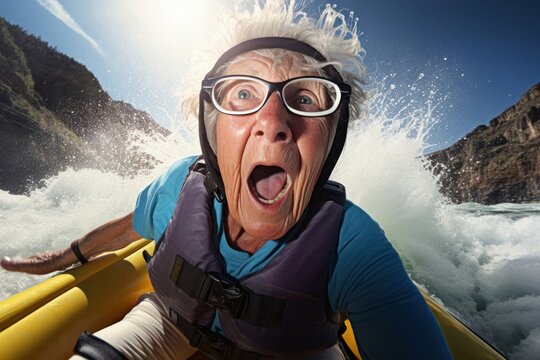 Caucasian Female Elderly Whitewater Rafting Waterfall Backdrop Generative AI - Powered by Adobe
