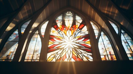 the beauty of a cross-shaped stained glass window with light streaming through, creating a spiritual atmosphere. generative AI
