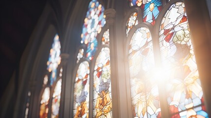 the beauty of a cross-shaped stained glass window with light streaming through, creating a spiritual atmosphere. generative AI