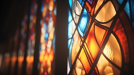 the beauty of a cross-shaped stained glass window with light streaming through, creating a spiritual atmosphere. generative AI