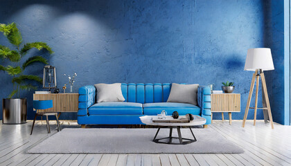Loft and vintage interior of living room, Blue sofa on white flooring and blue wall ,3d rendering