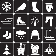 winter icons set on  black background