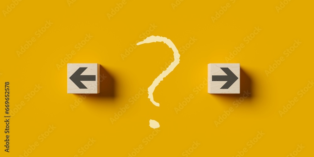 Wall mural left and right arrows on wood cubes with question mark in the middle, abstract decision or direction