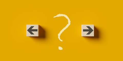 Left and right arrows on wood cubes with question mark in the middle, abstract decision or direction business strategy concept, flat lay top view from above on yellow background