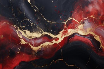 Résumé rouge et noir avec des tourbillons de marbre et des ondulations d'agate. Beau fond organique avec de la poudre d'or. IA générative, IA - obrazy, fototapety, plakaty