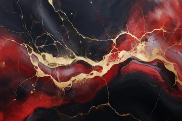 Fotobehang Résumé rouge et noir avec des tourbillons de marbre et des ondulations d'agate. Beau fond organique avec de la poudre d'or. IA générative, IA © Merilno