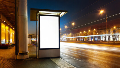 blank white vertical digital billboard poster on city street bus stop sign at night