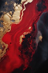 Résumé rouge et noir avec des tourbillons de marbre et des ondulations d'agate. Beau fond organique avec de la poudre d'or. IA générative, IA