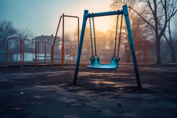 Empty playground with broken swings