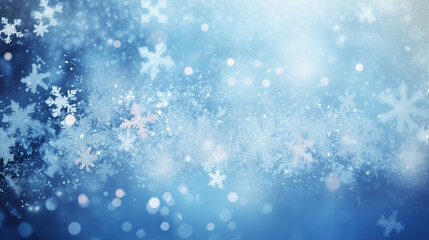 Background image of flying white snowflakes on a snowy blue background. - obrazy, fototapety, plakaty