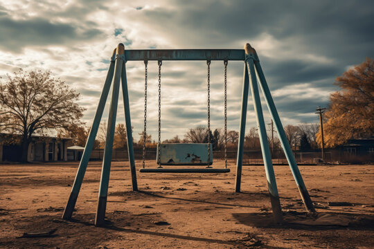 Empty playground with broken swings