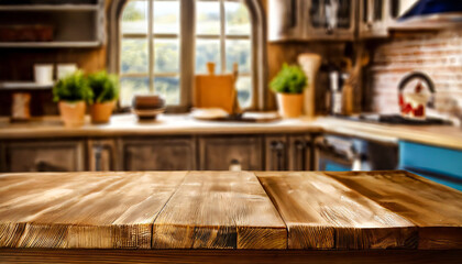 brown wooden table with free space for your decoration and blurred background of kitchen interior