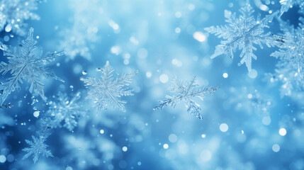 Fototapeta na wymiar Background image of flying white snowflakes on a snowy blue background.