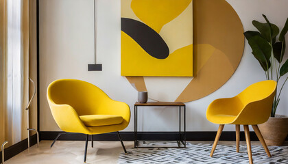 modern mid century interior with yellow and beige wall art in abstract geometric style cozy...