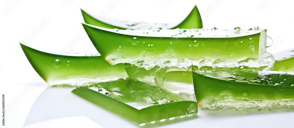 Wall mural aloe vera slices with gel on a white surface